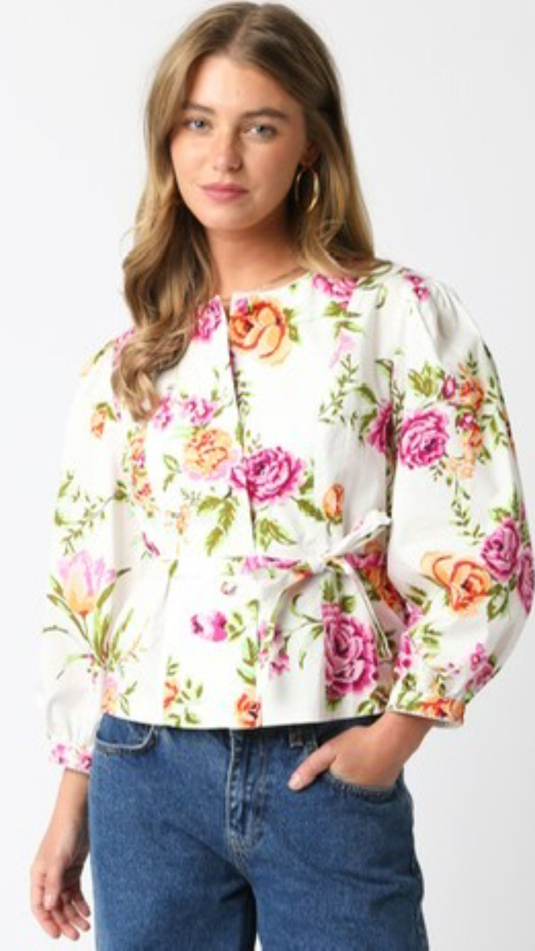 Cosmic Floral Button Tie Blouse
